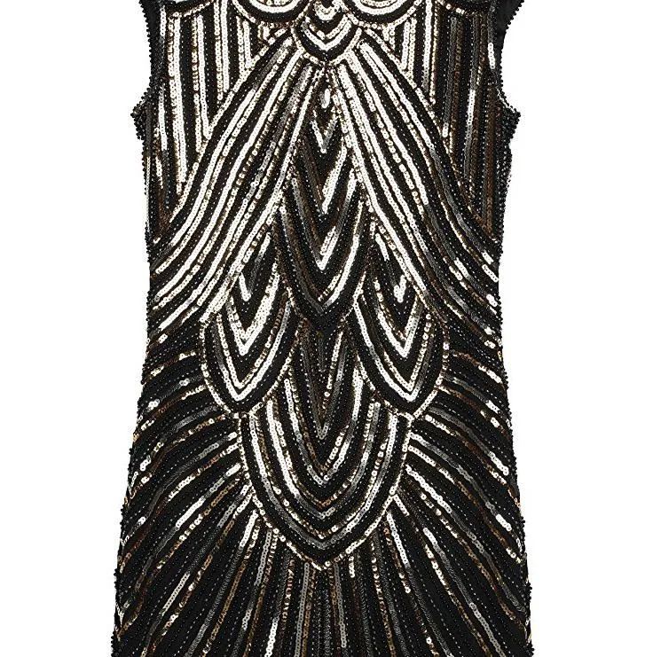 1920s Style Beaded Fringe Great Gatsby Dresses Flapper Party Black Gold|JaosWish