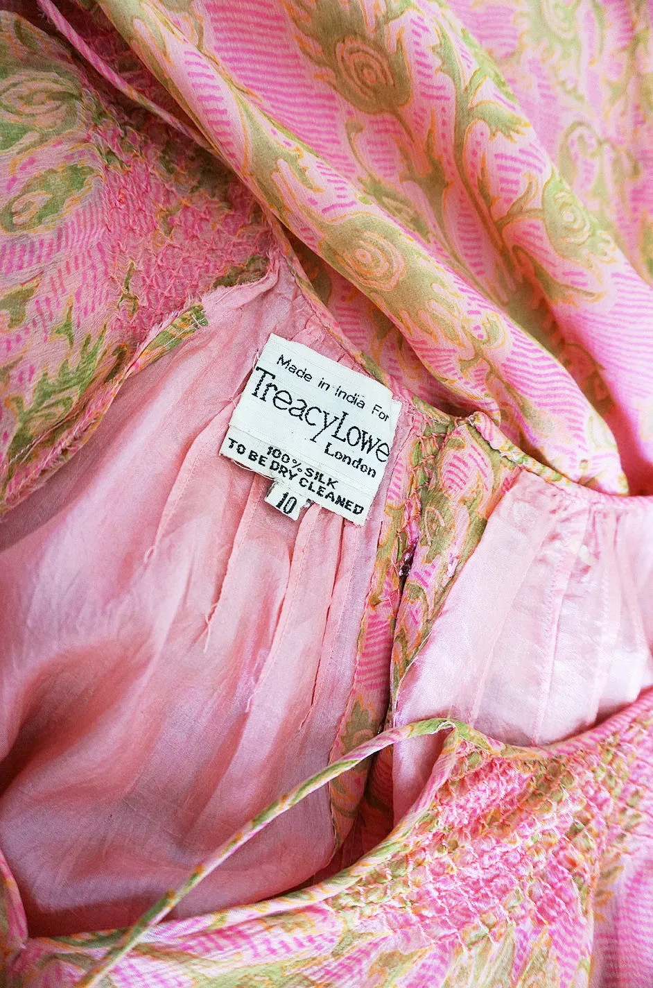 1970s Pink Print Silk Chiffon Treacy Lowe Caftan Dress