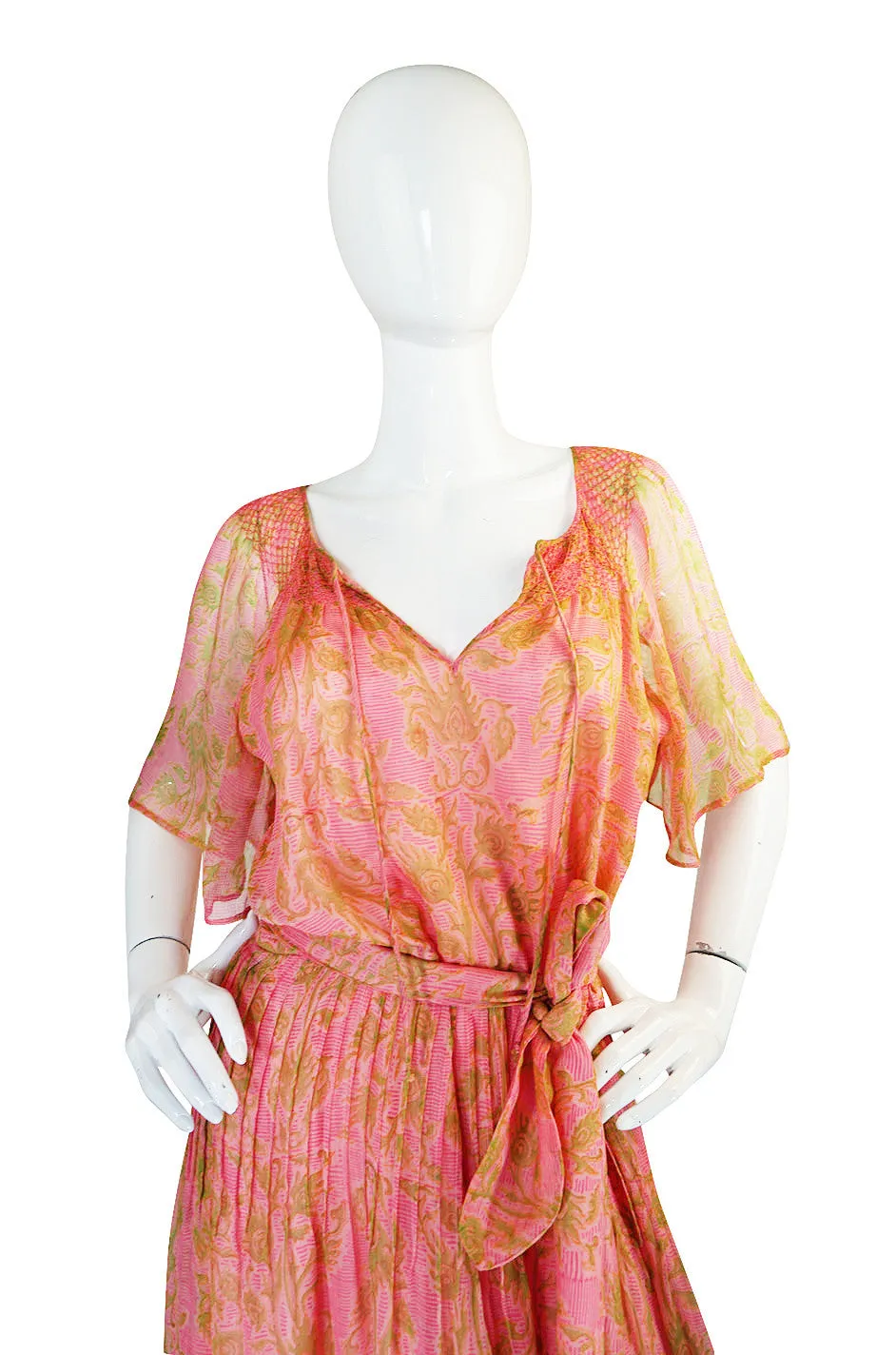 1970s Pink Print Silk Chiffon Treacy Lowe Caftan Dress