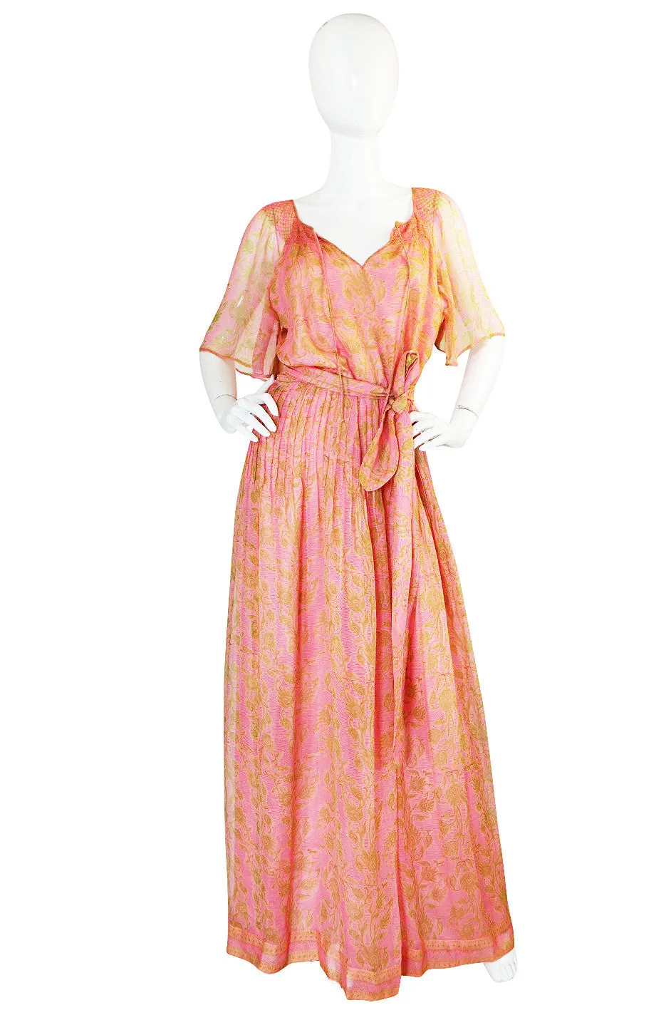 1970s Pink Print Silk Chiffon Treacy Lowe Caftan Dress