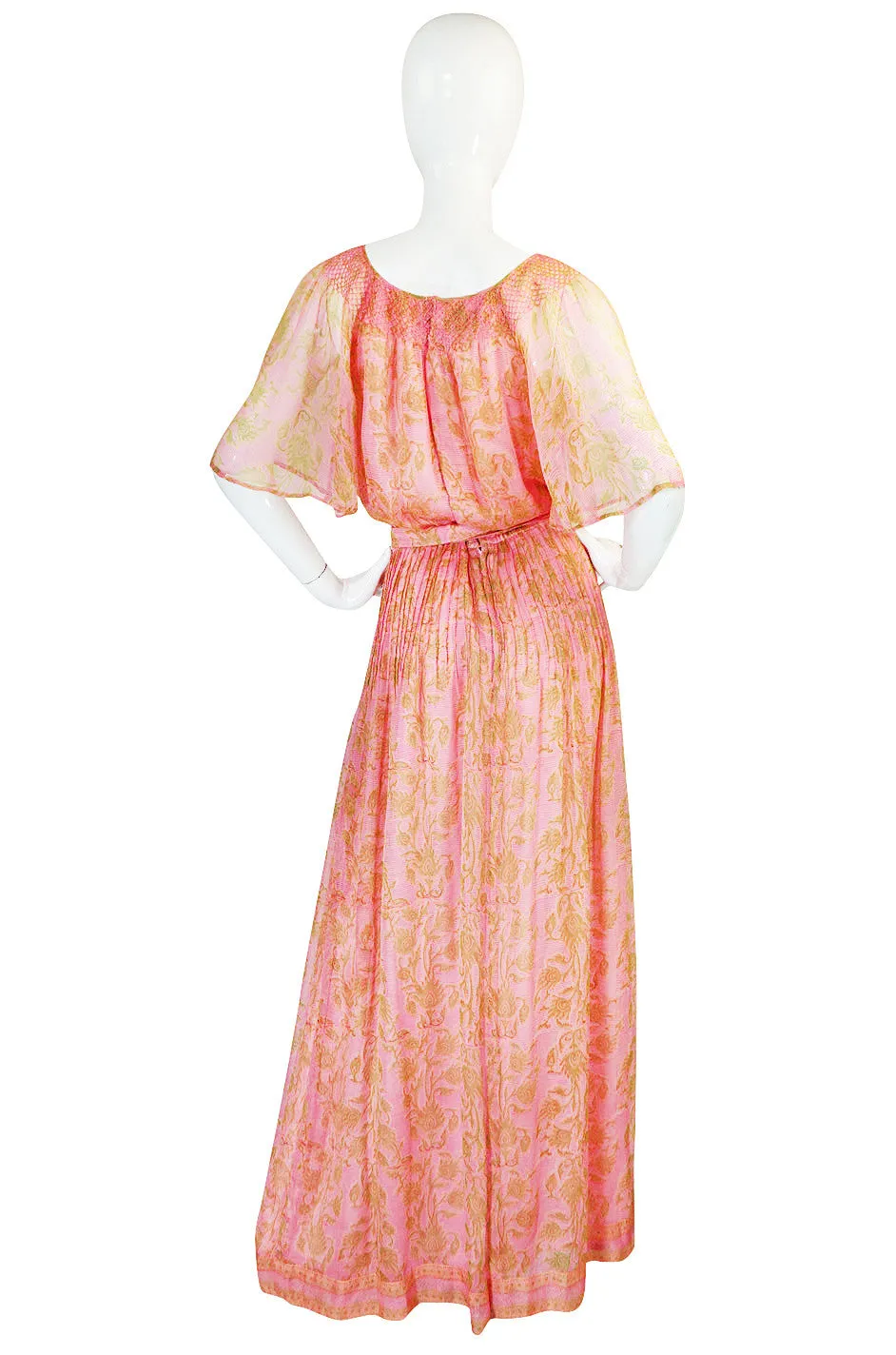 1970s Pink Print Silk Chiffon Treacy Lowe Caftan Dress