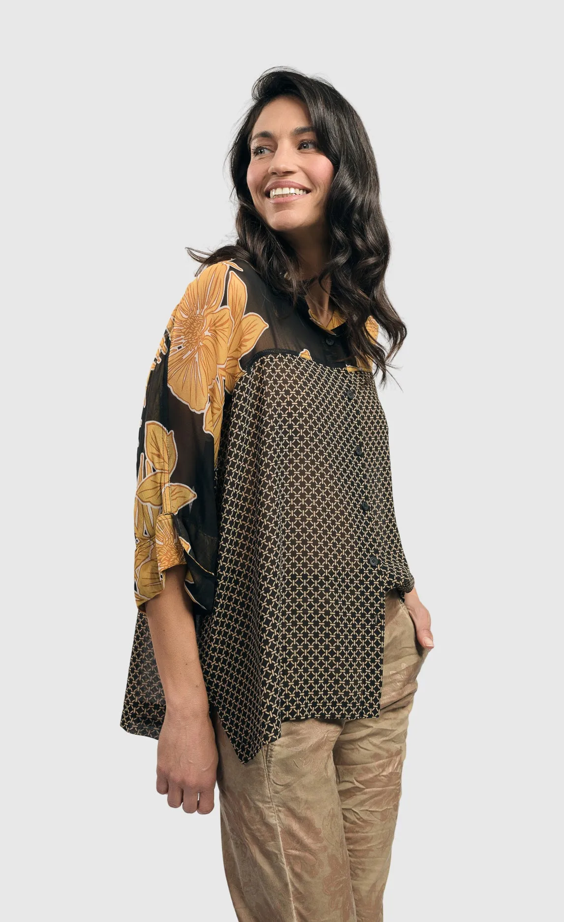 Alembika Lei Floral-Yoked Chiffon Blouse