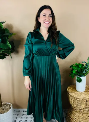 All Is Bright Green Satin Pleated Midi Dress