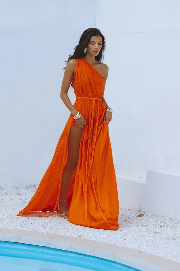 Avani Linen Blend Draped Braids One Shoulder Slit Cover Up Maxi Dress