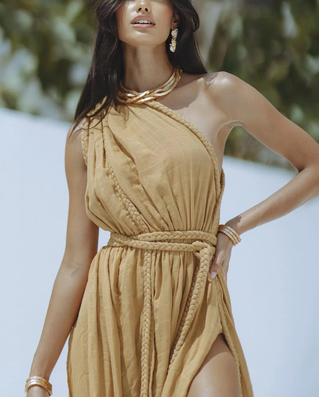 Avani Linen Blend Draped Braids One Shoulder Slit Cover Up Maxi Dress