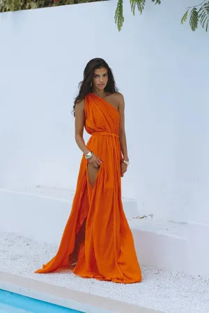 Avani Linen Blend Draped Braids One Shoulder Slit Cover Up Maxi Dress