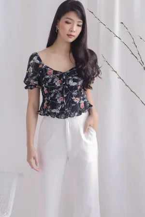 Avery Floral Ruched Puffy Sleeve Top In Black