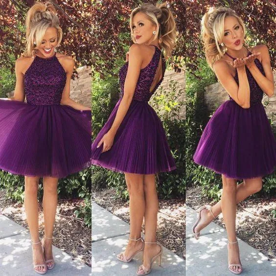 Beaded  Purple Sexy Open back Halter homecoming prom dresses, CM0022