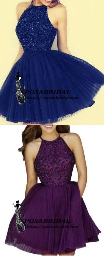 Beaded  Purple Sexy Open back Halter homecoming prom dresses, CM0022