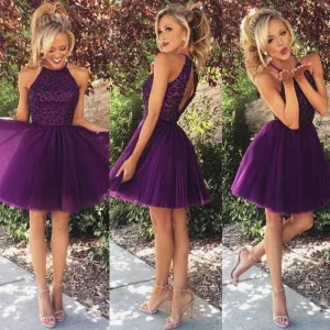 Beaded  Purple Sexy Open back Halter homecoming prom dresses, CM0022