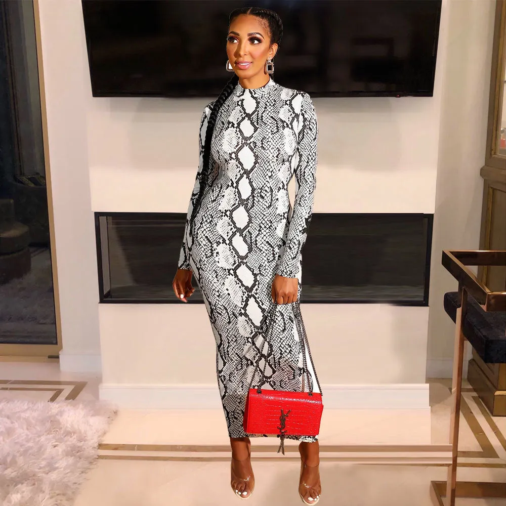 Beautiful Snake Print Bodycon Long Dress