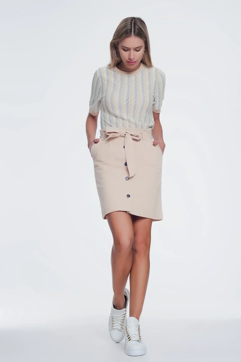 Beige Tie Waist Mini Skirt