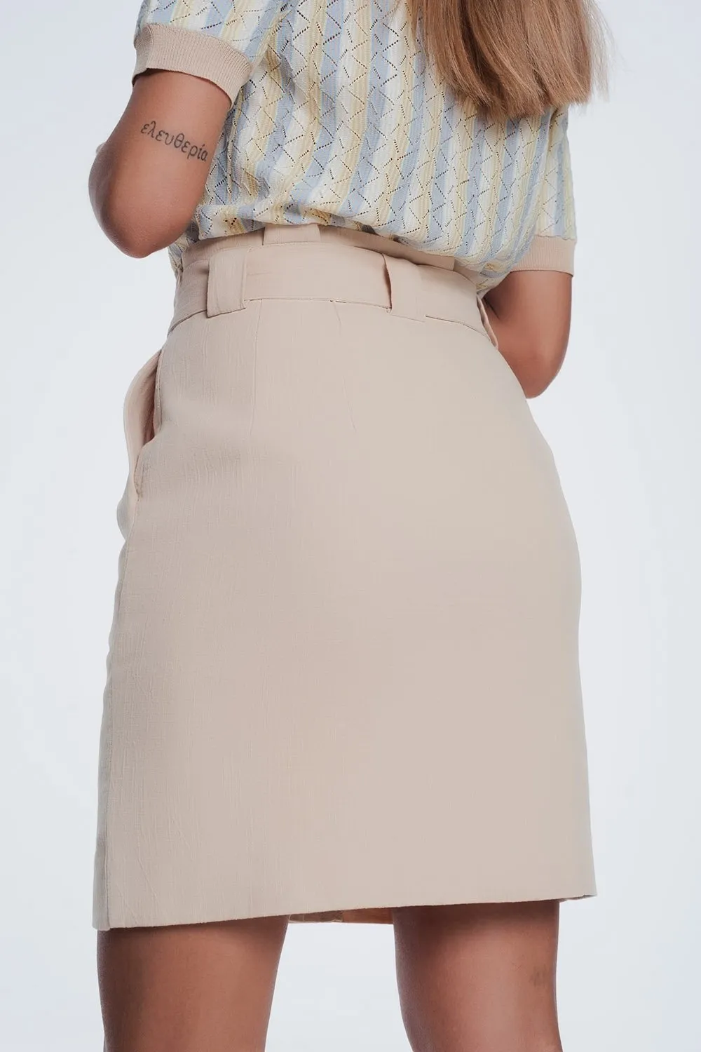 Beige Tie Waist Mini Skirt