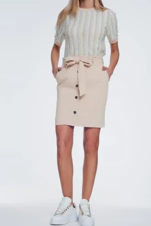 Beige Tie Waist Mini Skirt