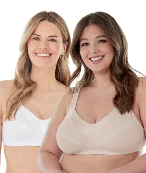 Bestform Satin Trim Wire-Free Cotton Bra With Unlined Cups 2 Pack - Nude/White