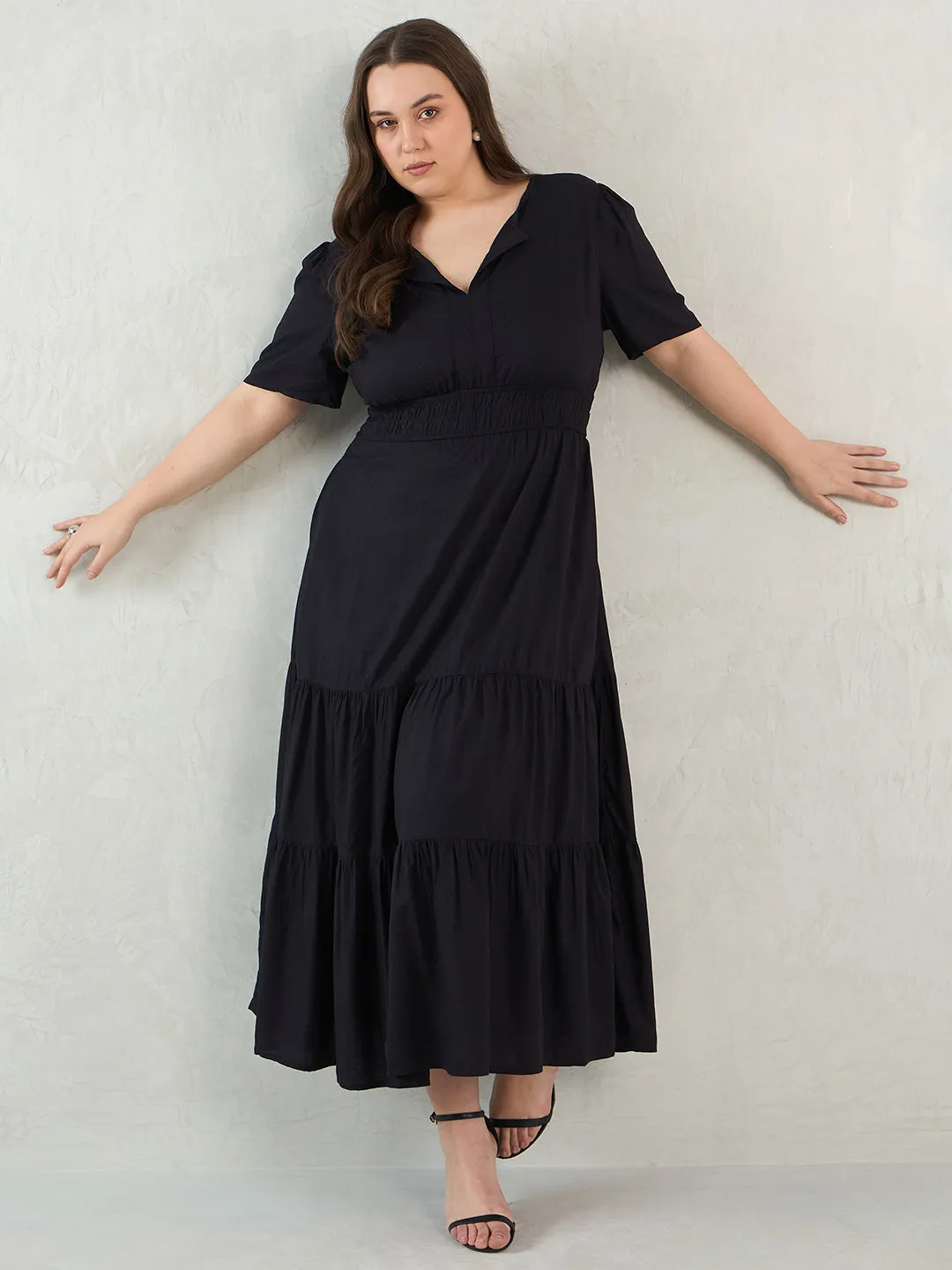 Black Dobby Tiered Maxi Dress