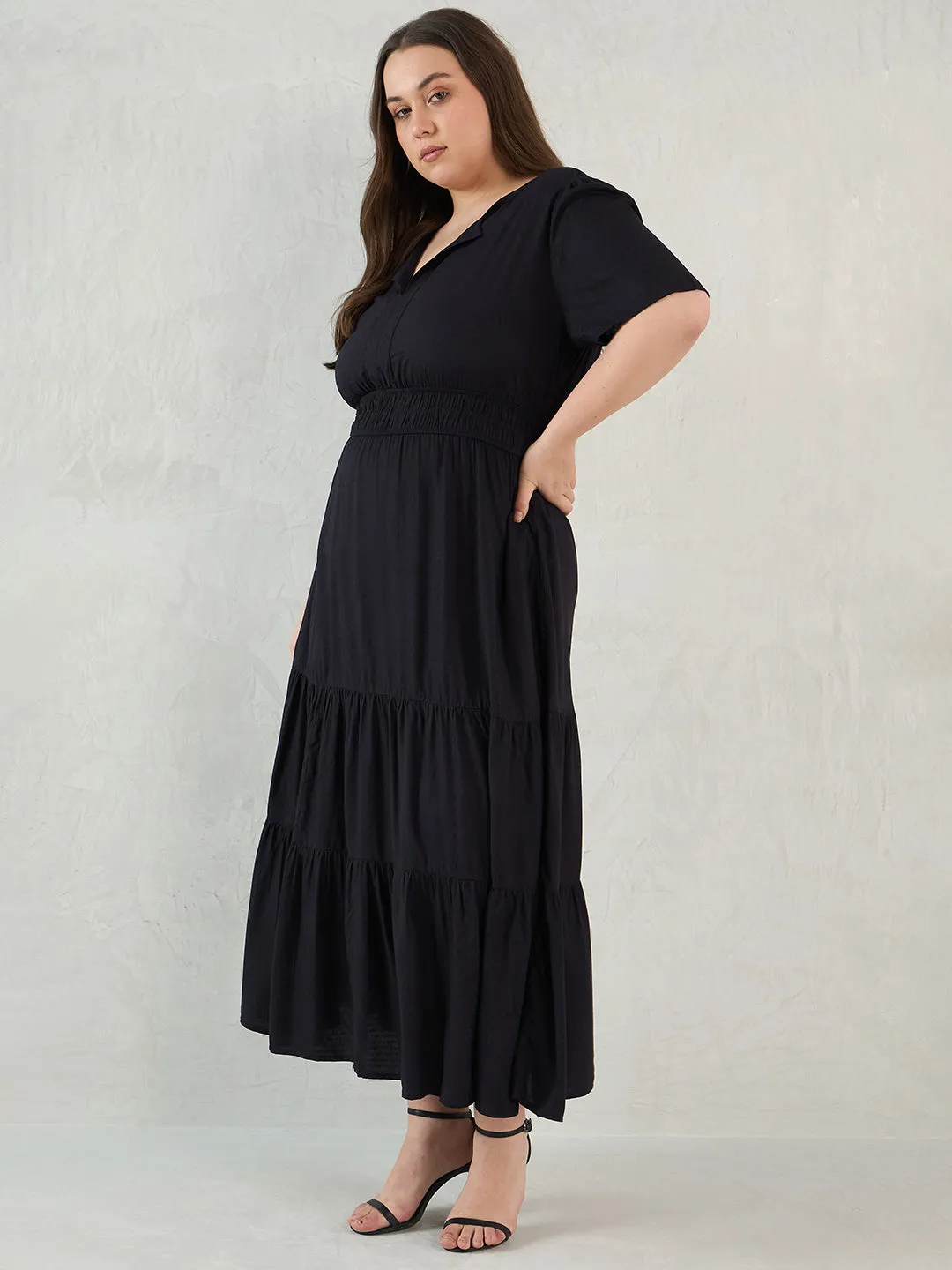 Black Dobby Tiered Maxi Dress