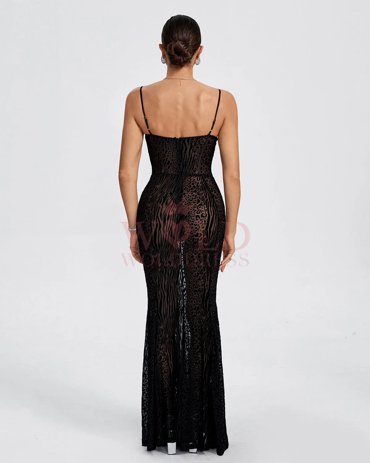 Black Flock Print Detail Mesh Maxi Dress