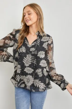 Black Floral Top with Chiffon Sleeves