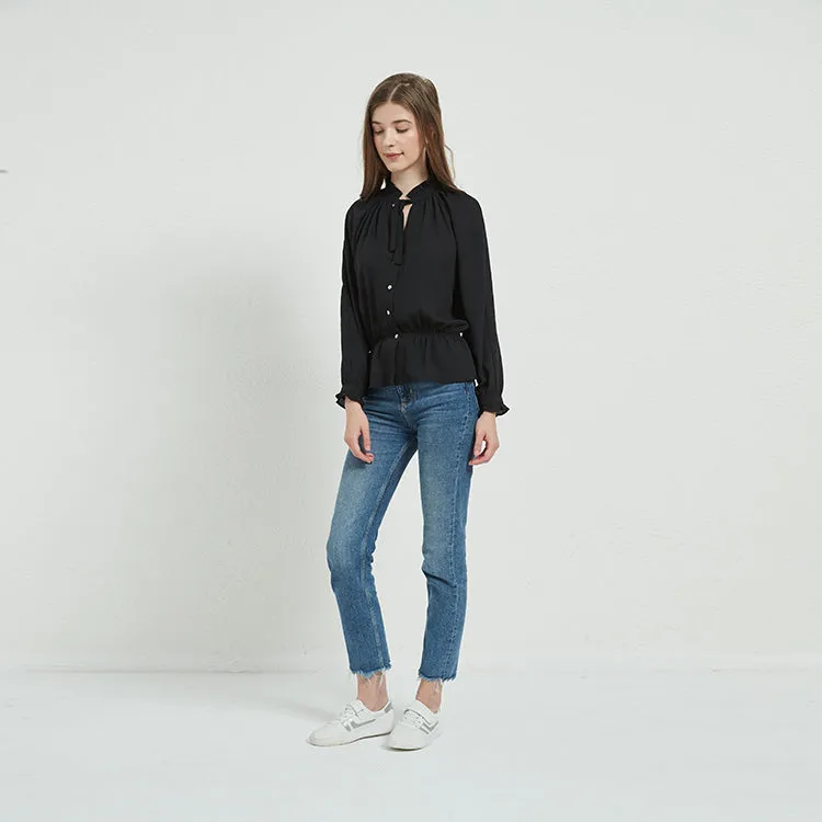 Black Silk Chiffon Ruffle Shirt
