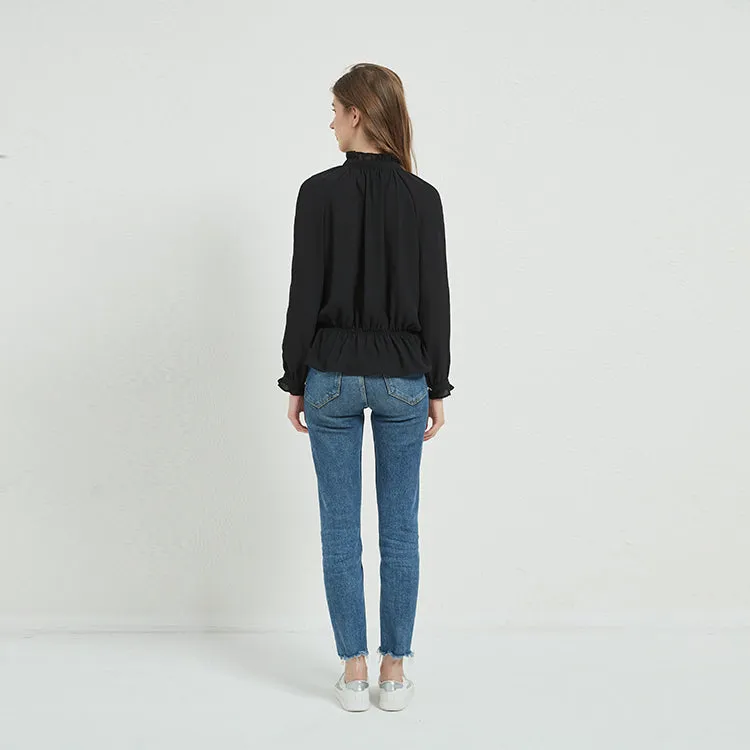 Black Silk Chiffon Ruffle Shirt