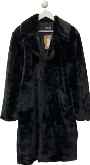 boohooMan Black Faux Fur Overcoat UK M