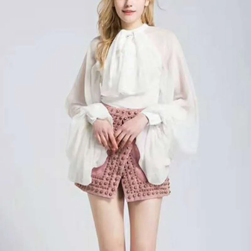 Bowknot Chiffon Blouse Shirt Women Tulle Transparent Sexy Tops