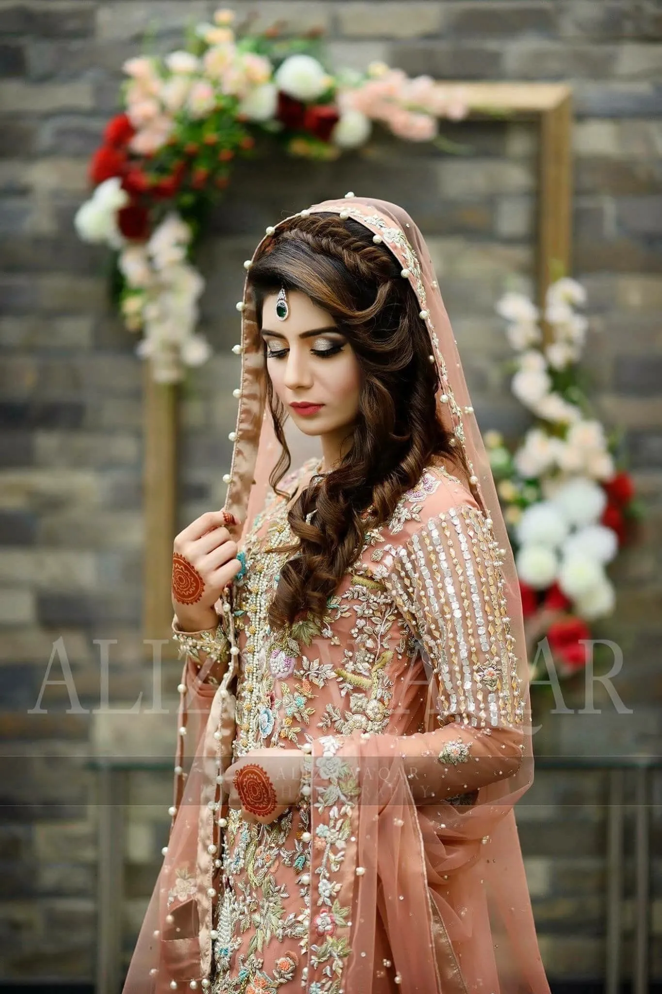 Bridal maxi peach pink with multi threds nagh zari and perl work color peach pink  M#M 85