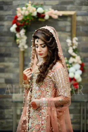 Bridal maxi peach pink with multi threds nagh zari and perl work color peach pink  M#M 85