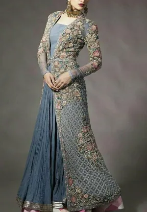 Bridal maxi  with peral nagh dabka and zari  silve and gray color M#M 88