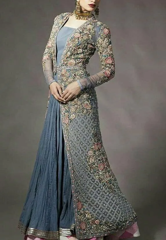 Bridal maxi  with peral nagh dabka and zari  silve and gray color M#M 88