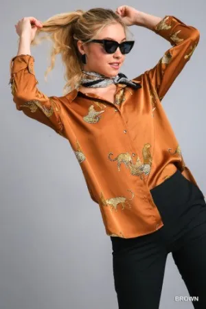 Brown Satin Animal Print Button Front