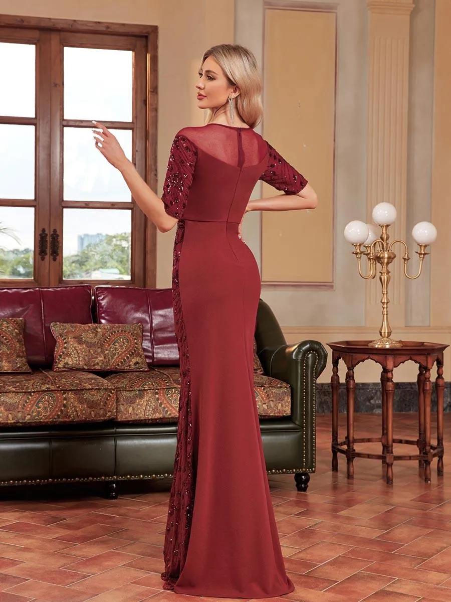 Burgundy Short Sleeve Embroidered Prom Dress MCC1233