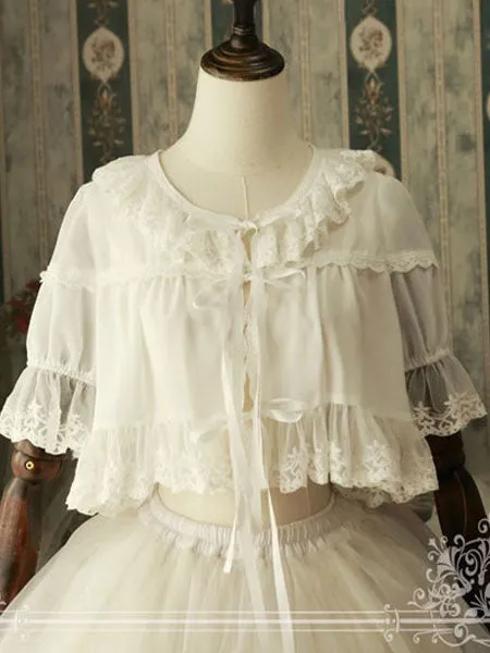 Classic Lolita Cover Up Magic Tea Party Chiffon Round Neck Ruffles White Lolita Top