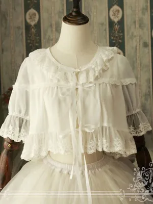 Classic Lolita Cover Up Magic Tea Party Chiffon Round Neck Ruffles White Lolita Top