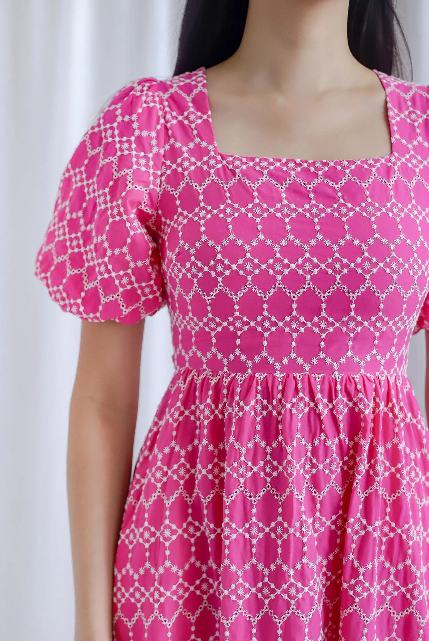 Clifford Embro Puffy Sleeve Tie Back Maxi Dress In Hot Pink