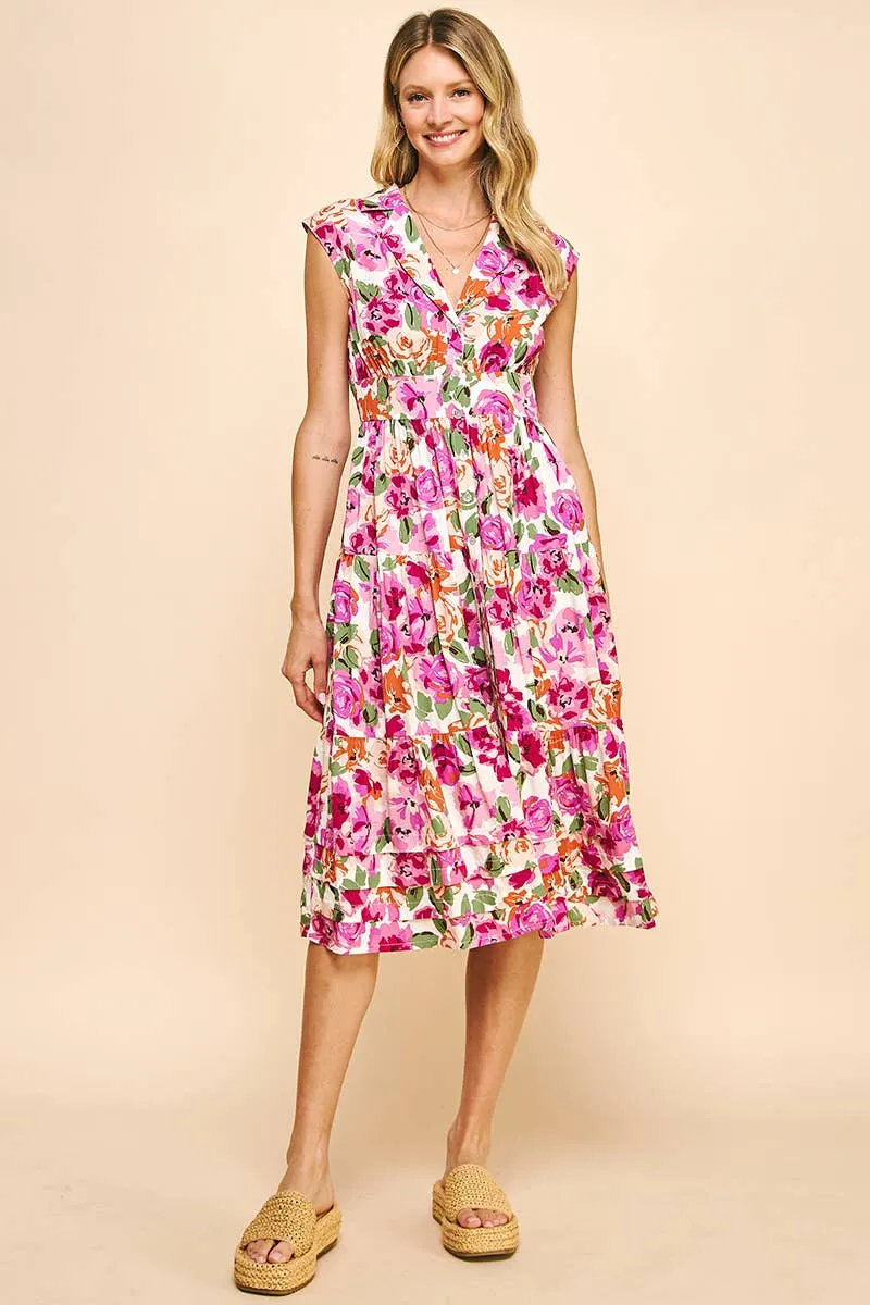 COLLARED BUTTONDOWN MIDI DRESS - WHITE MULTI