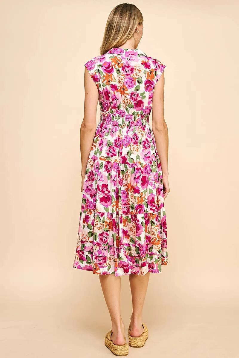 COLLARED BUTTONDOWN MIDI DRESS - WHITE MULTI