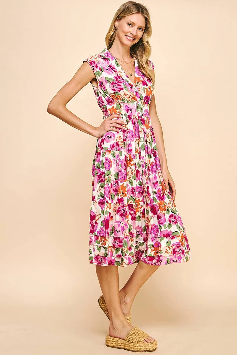 COLLARED BUTTONDOWN MIDI DRESS - WHITE MULTI