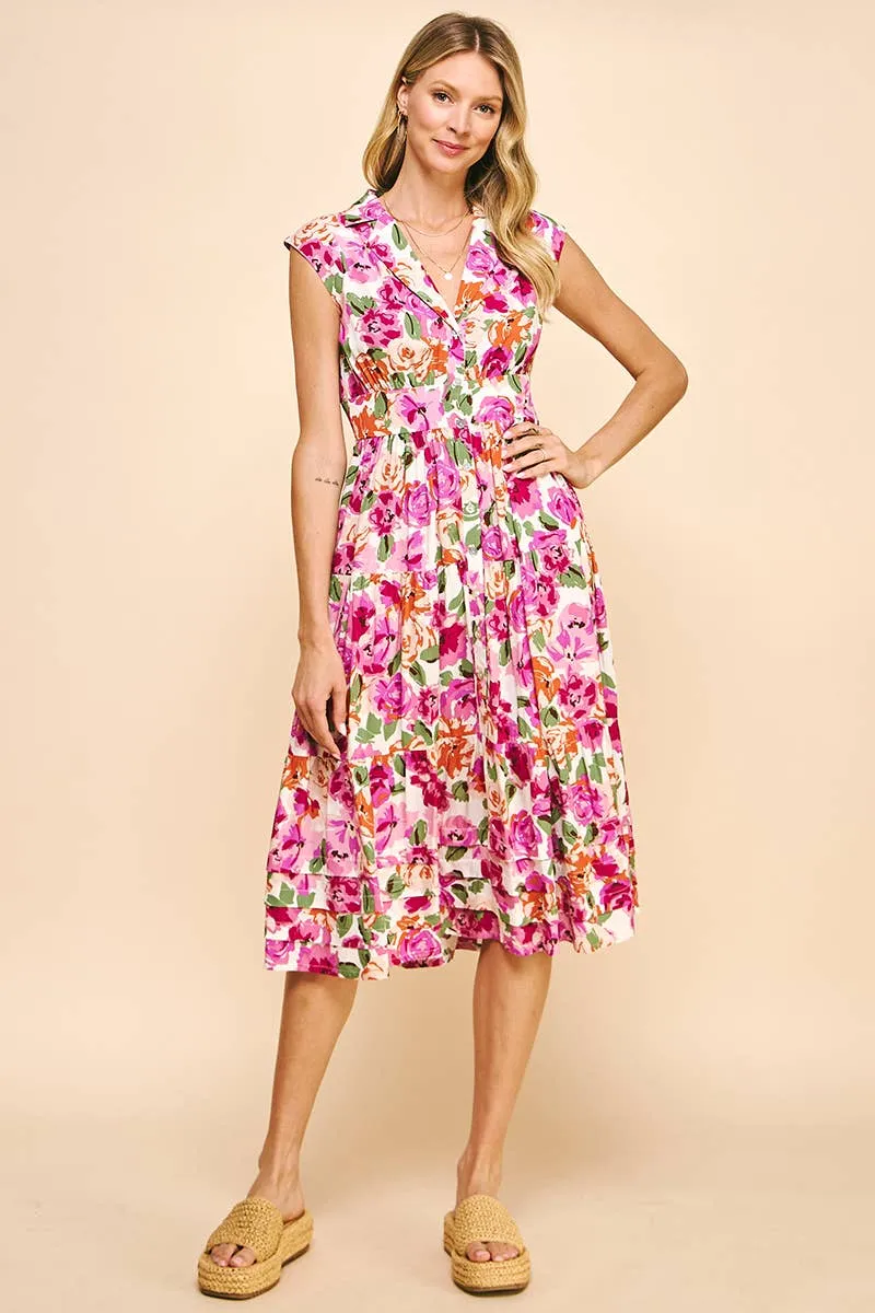 COLLARED BUTTONDOWN MIDI DRESS - WHITE MULTI