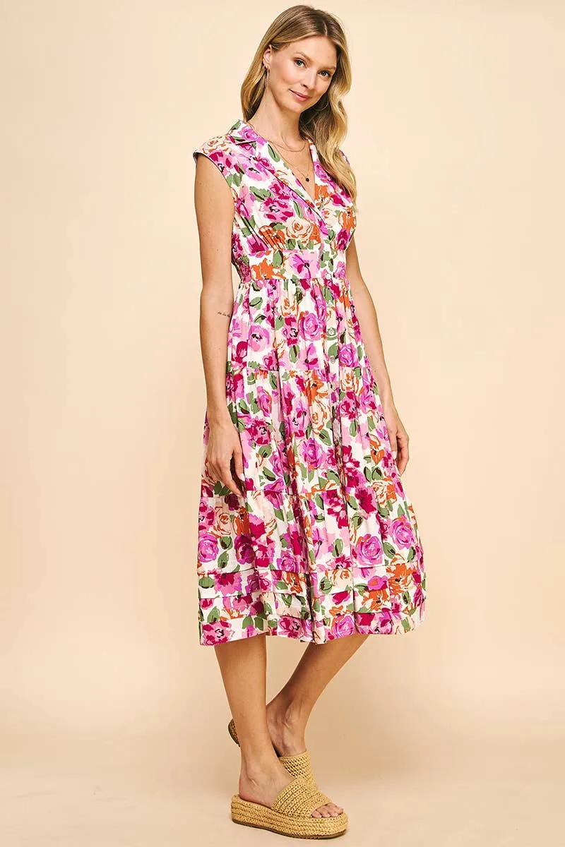 COLLARED BUTTONDOWN MIDI DRESS - WHITE MULTI