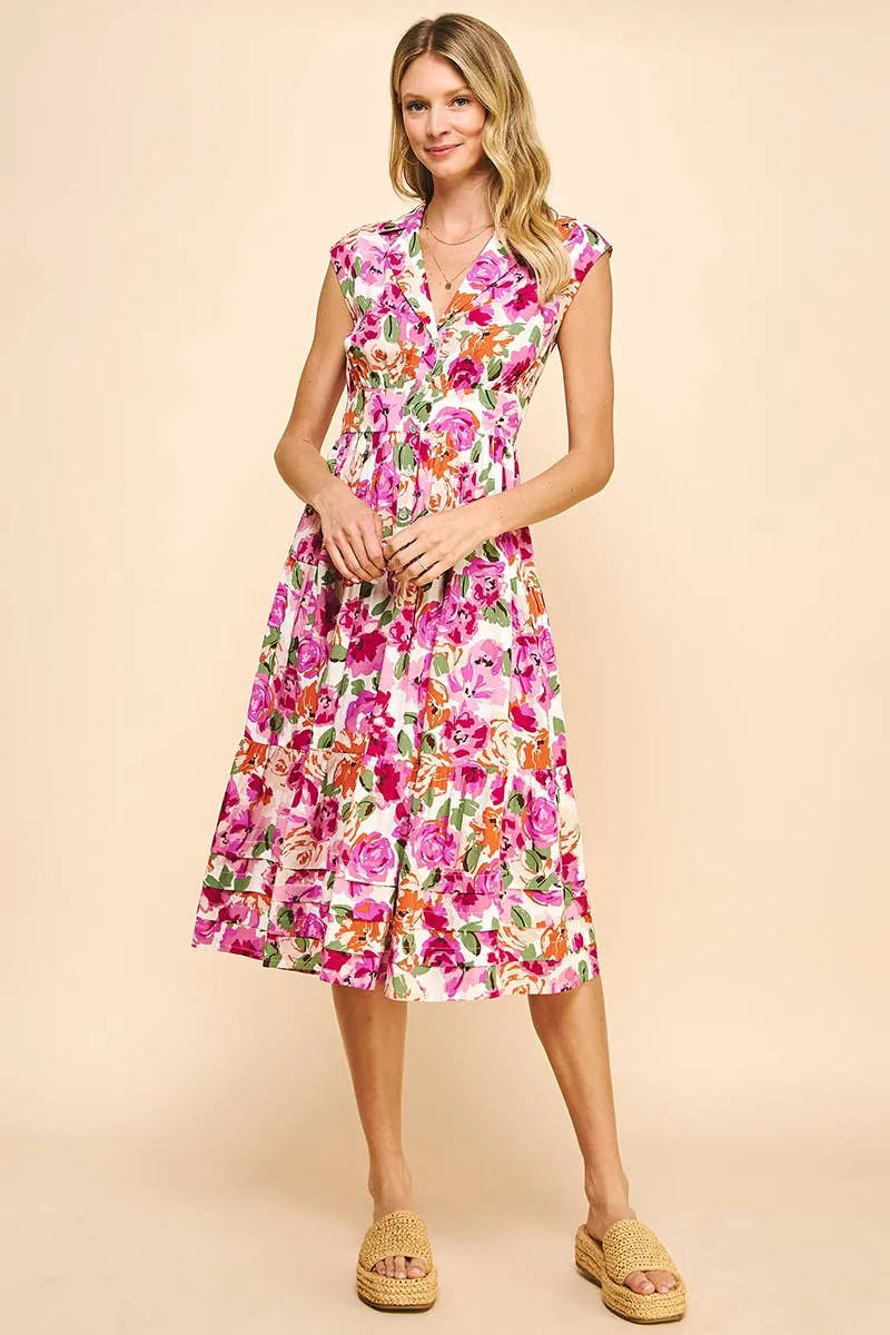 COLLARED BUTTONDOWN MIDI DRESS - WHITE MULTI