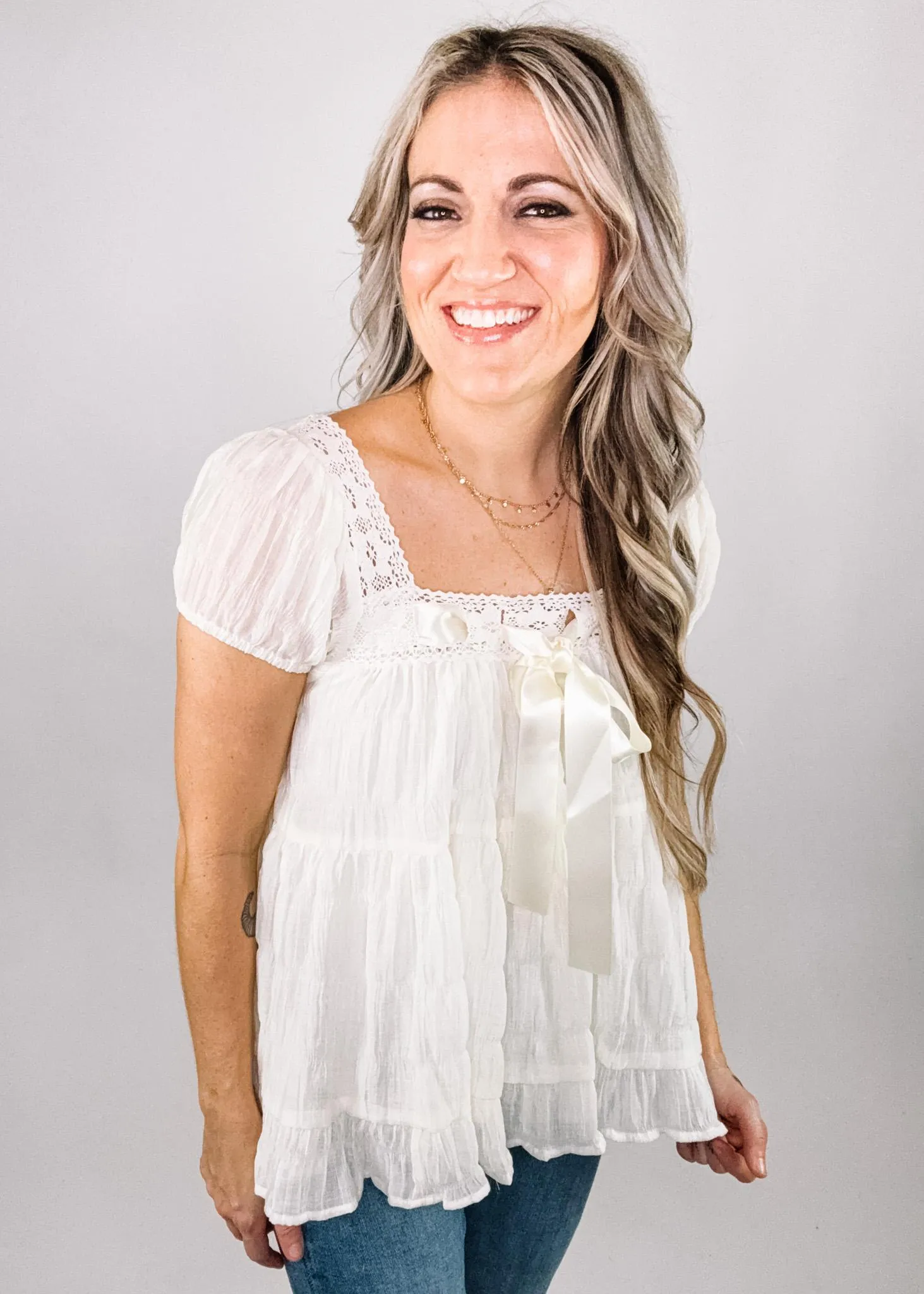 Cream Chiffon Front Ribbon Babydoll Top
