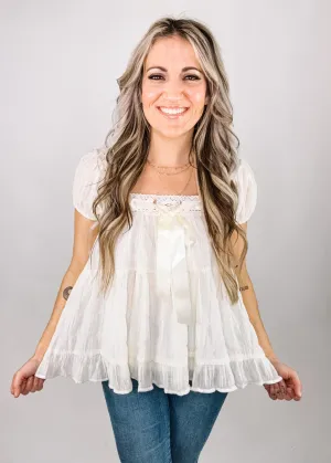 Cream Chiffon Front Ribbon Babydoll Top