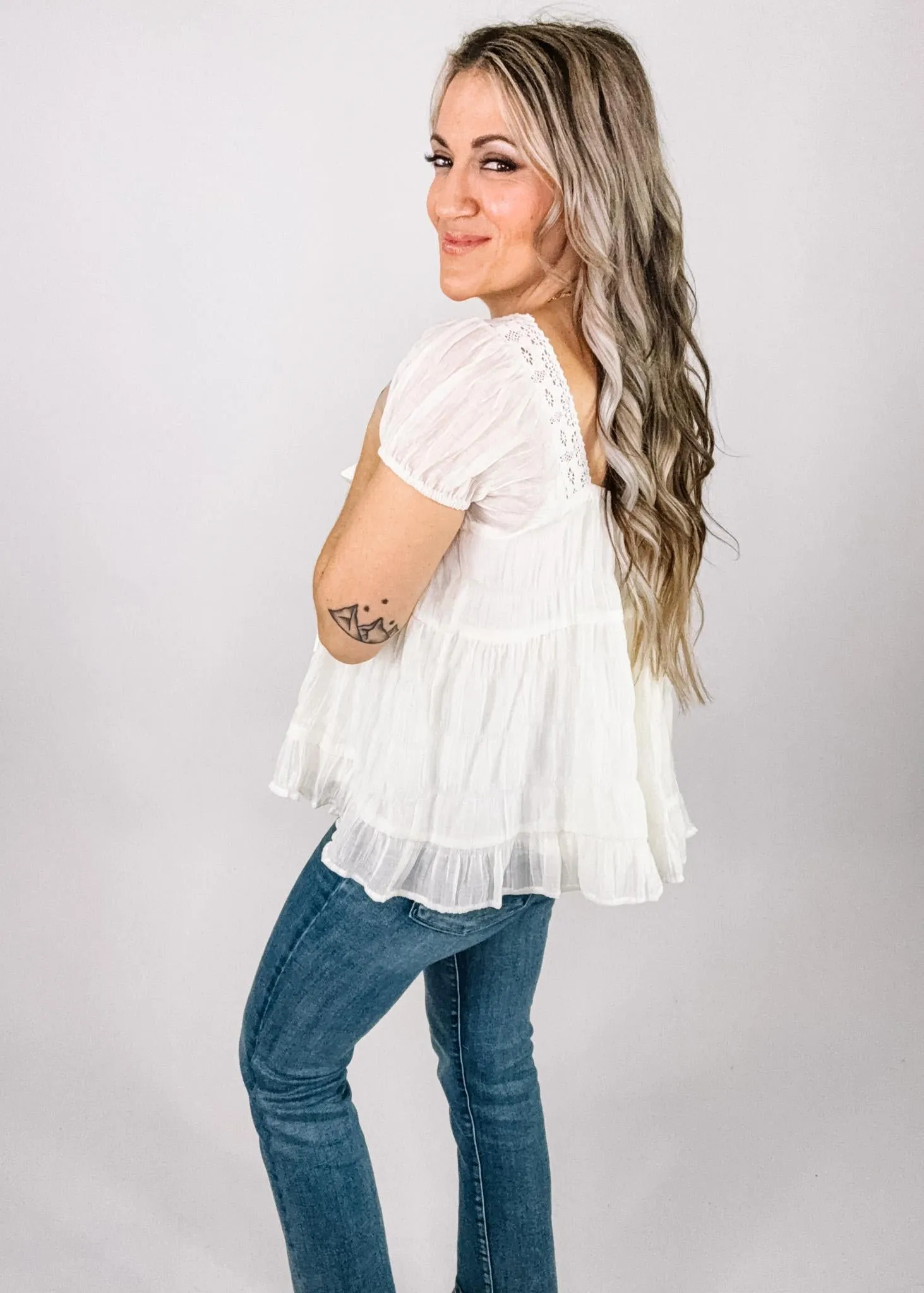 Cream Chiffon Front Ribbon Babydoll Top