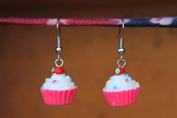 Cupcake Earrings, Mini Food Earrings,Pink Cupcake Earrings, Kawaii Earrings, Kitsch Earrings, Sprinkles, Strawberry on Top