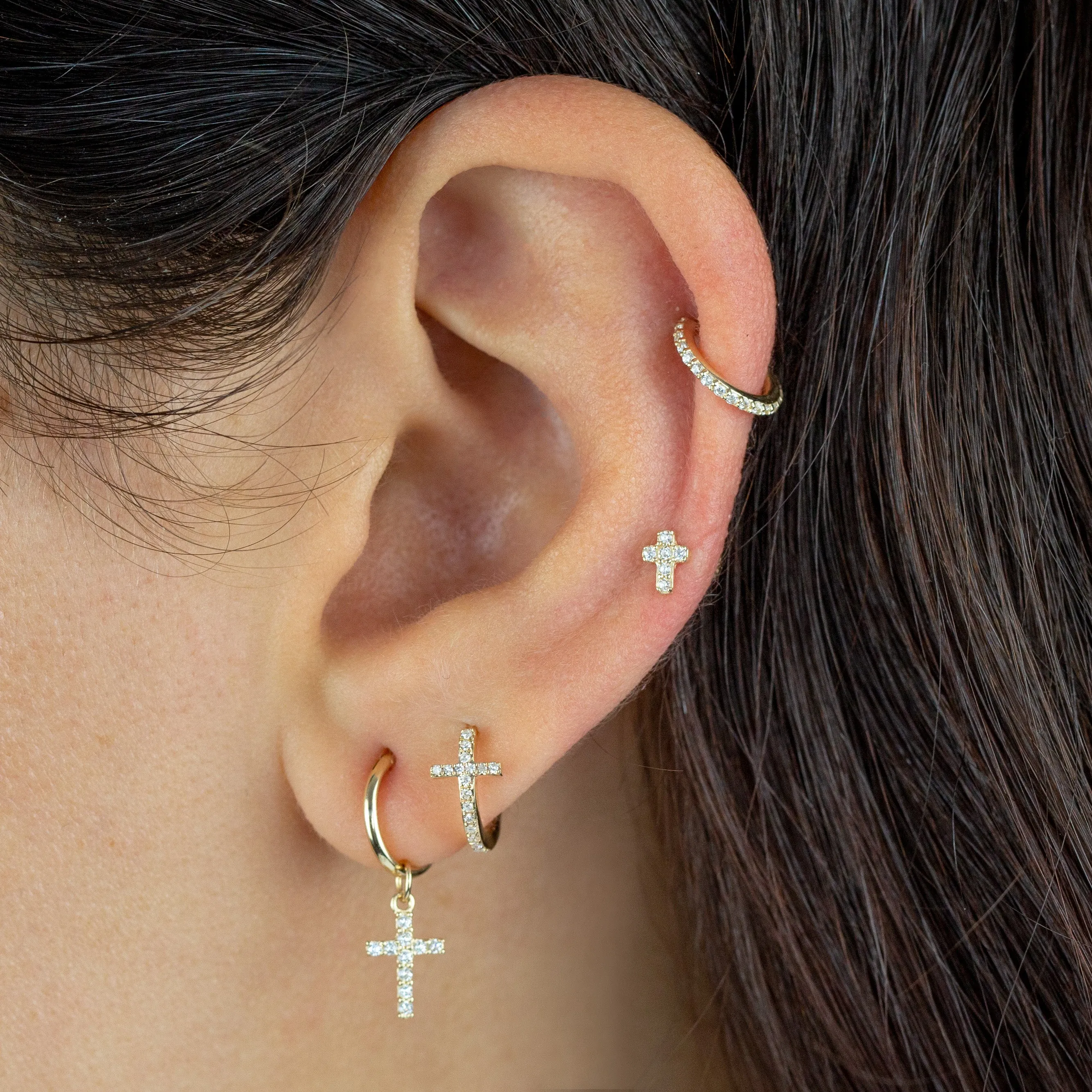 CZ Mini Cross Threaded Stud Earring 14K