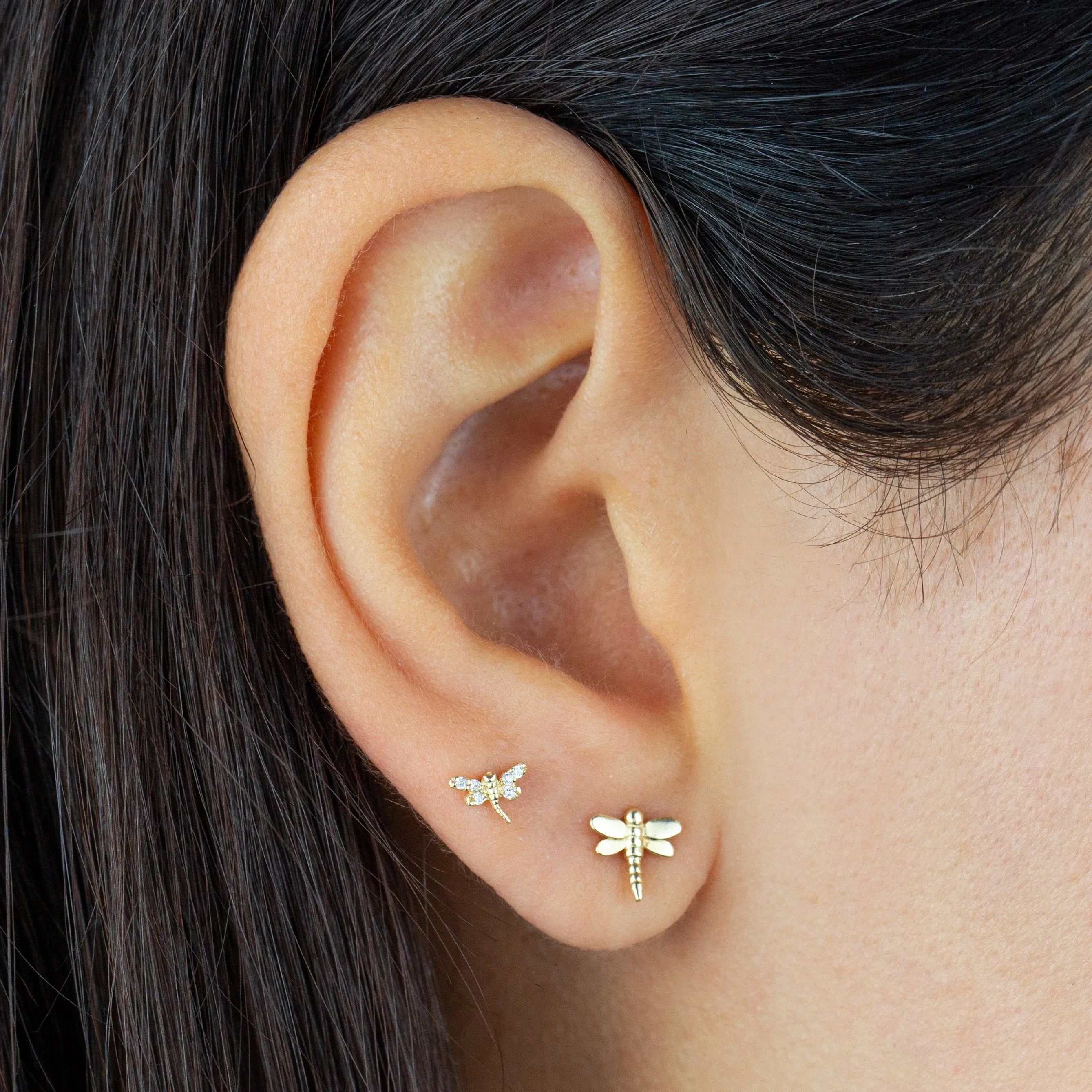 CZ Mini Dragonfly Stud Earring 14K
