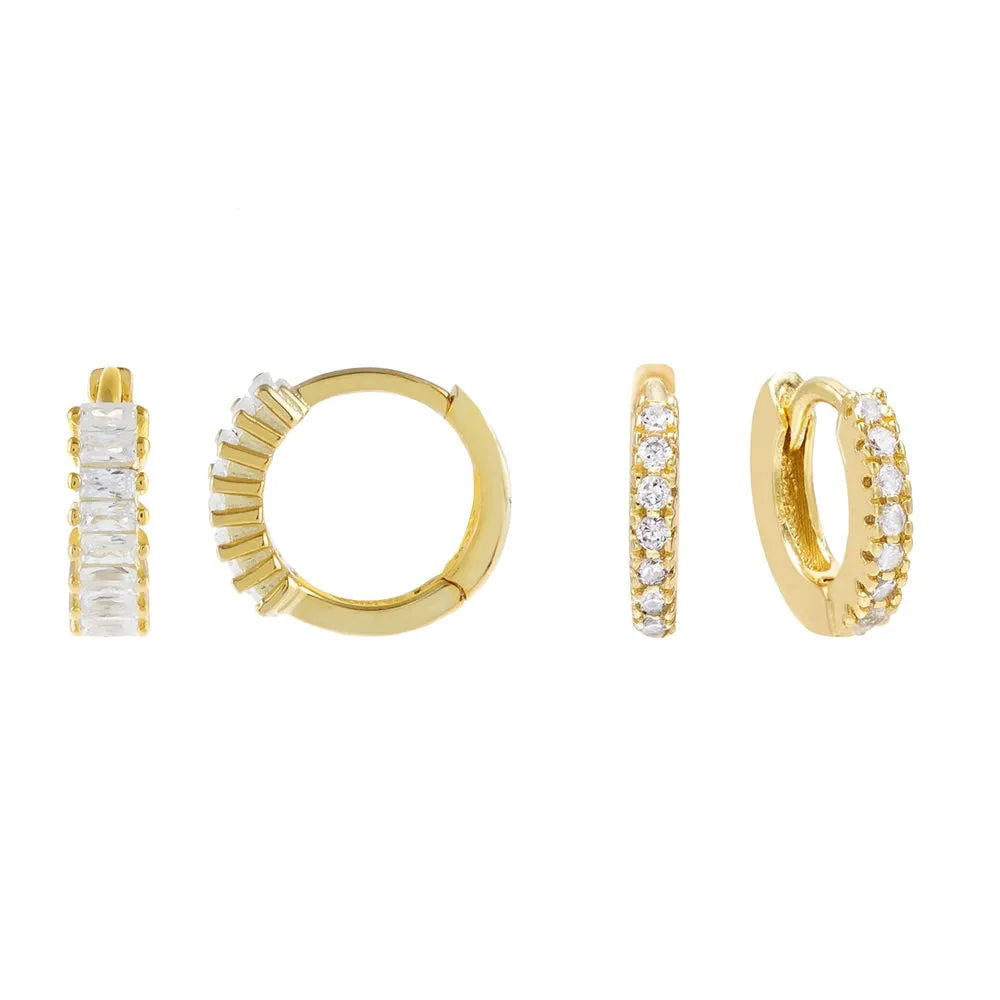 CZ X Baguette Huggie Earring Combo Set