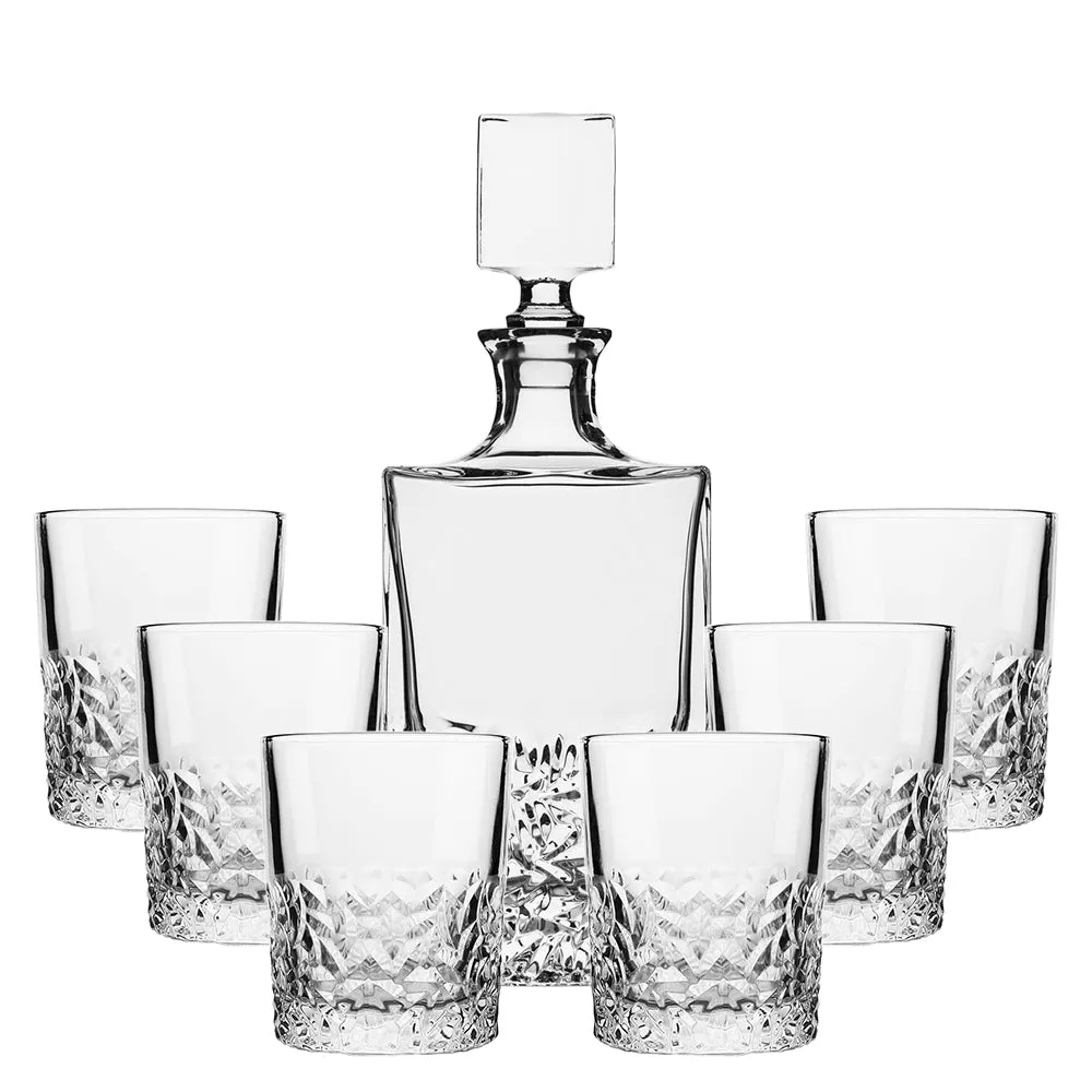 (D) Detailed Designed Crystal Decanter 23.7 Oz with 6 Cups 10.5 Oz Set (Clear)
